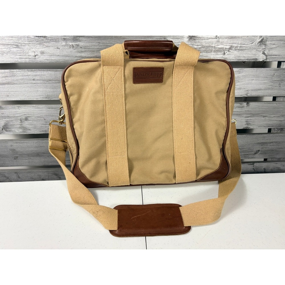 Vintage Lands' End Duffle Bag Canvas Leather USA Made Strap Beige